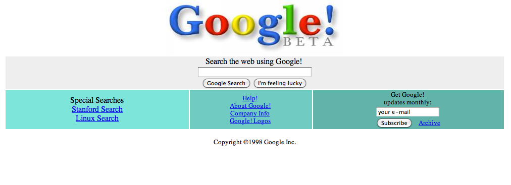 Imagem do sistema de busca Google em 1998, ainda em versão beta.
